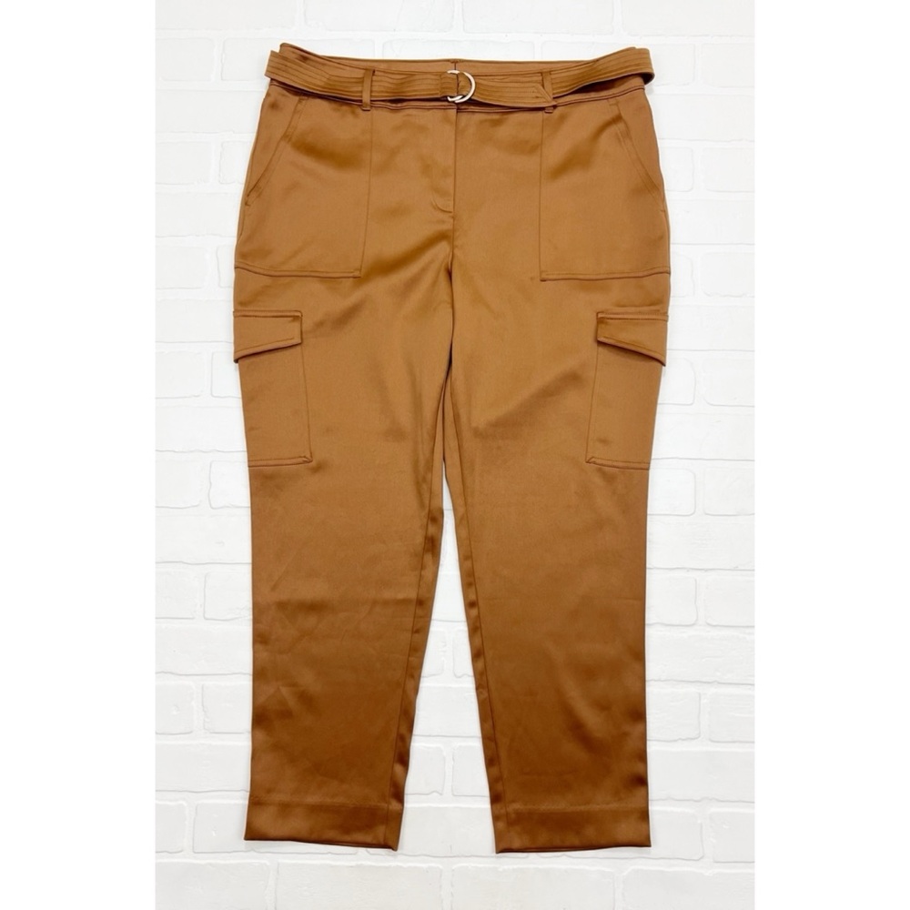 Chicos Satin Belted Cargo Ankle Pants With Pockets Tan Brown Chicos 2 Size 12 - Picture 2 of 7